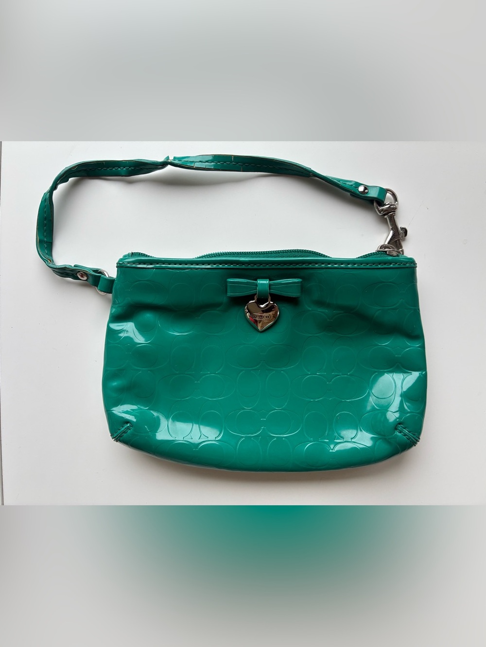 Coach Teal Patent Wristlet with Heart Charm